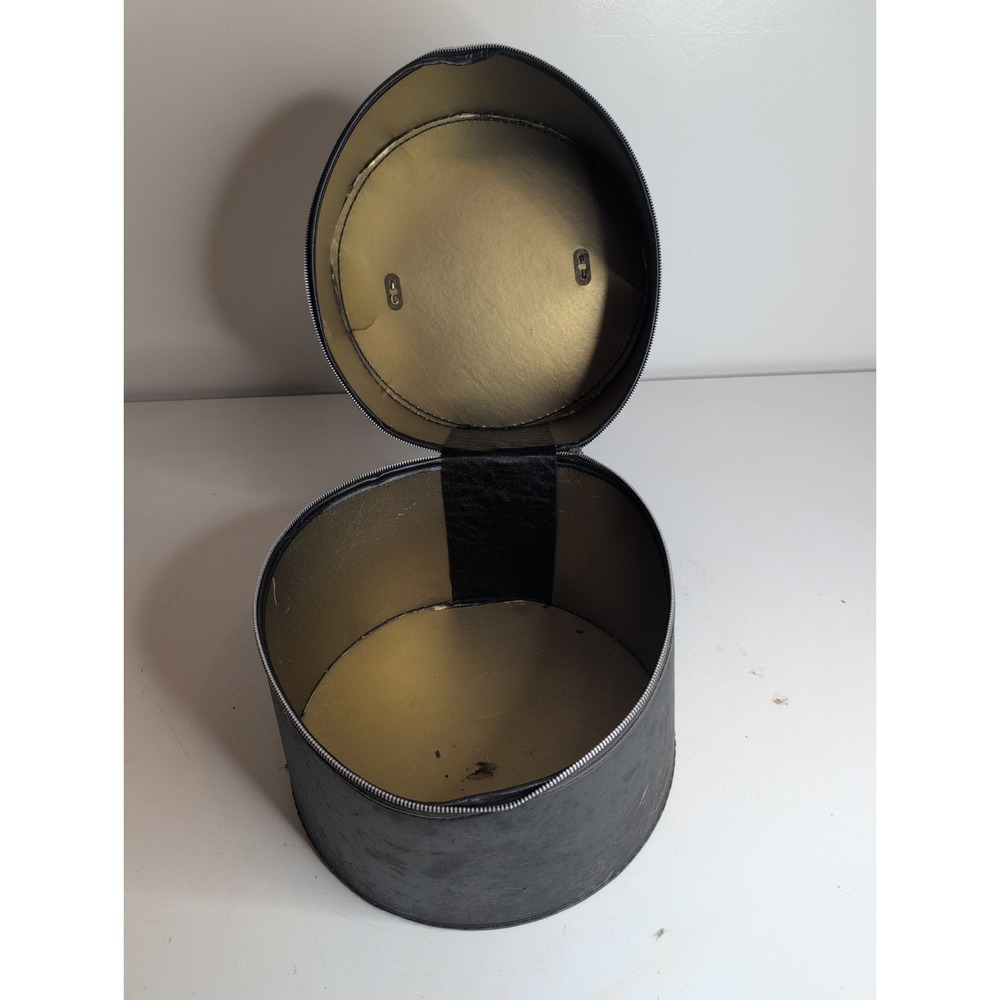 Vintage 1960's Black Hat Box With Handle Gold Lining Zipper
